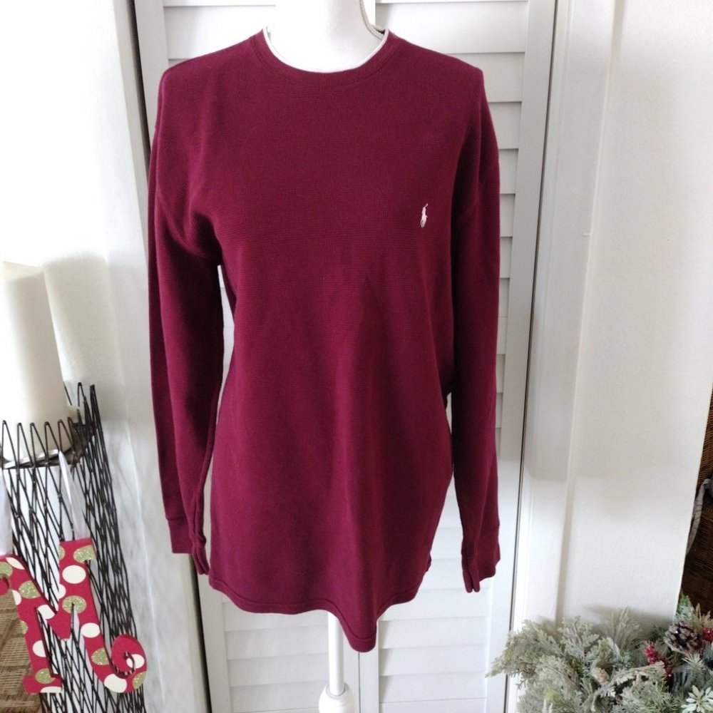 Ralph Lauren Polo thermal waffle knit burgundy long sleeve white logo Boys XL